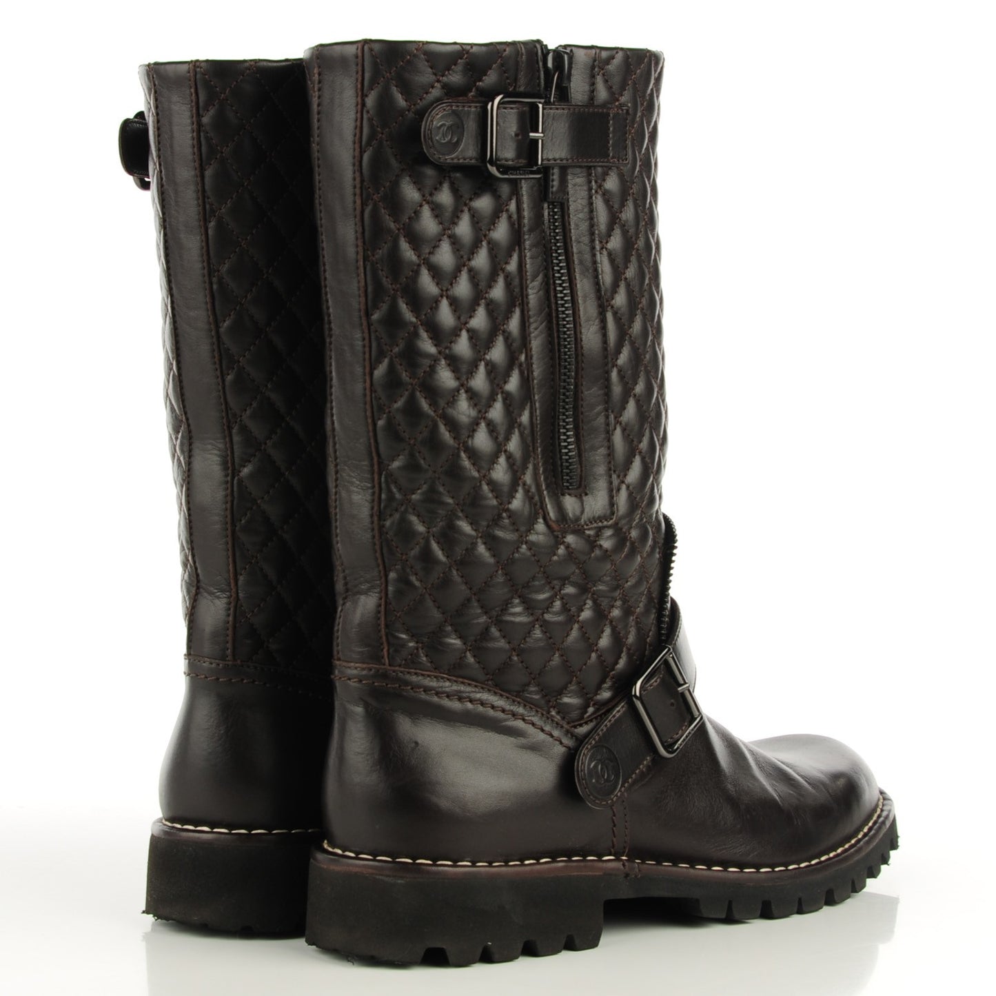 Calfskin Quilted Biker Boots 40 Dark Brown