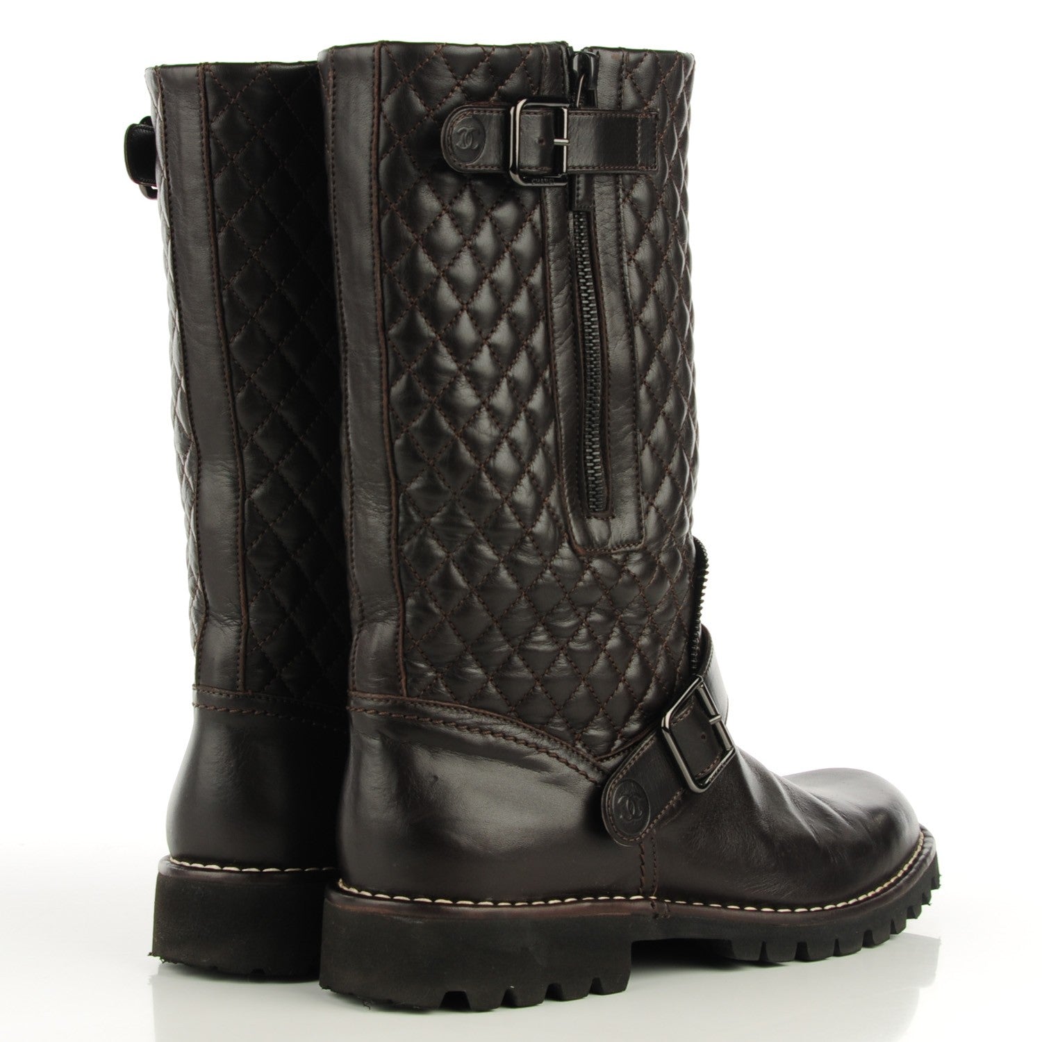 Chanel Calfskin Quilted Biker Boots 40 Dark Brown 5 of 10