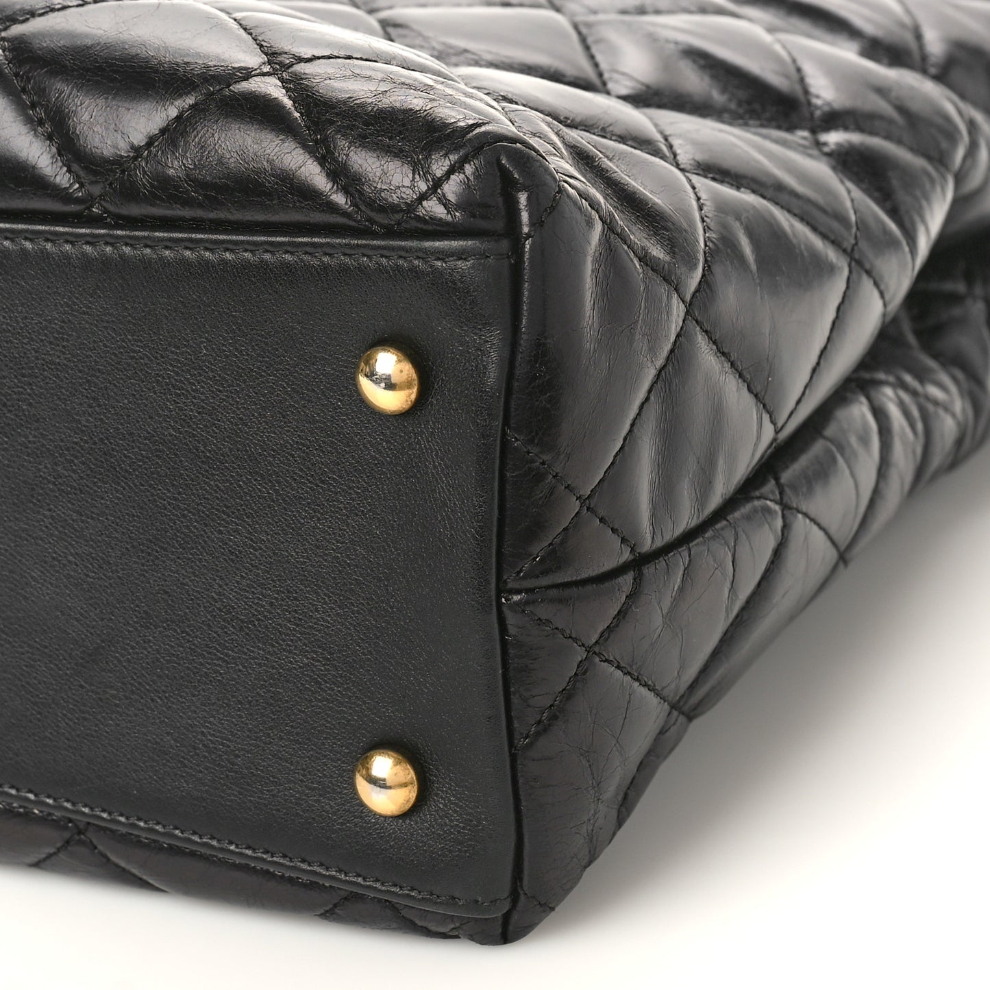 Glazed Calfskin Quilted Gold Bar Tote Black