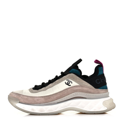 Chanel Suede Calfskin Nylon Grosgrain CC Sneakers 38.5 Beige Pink 1 of 10