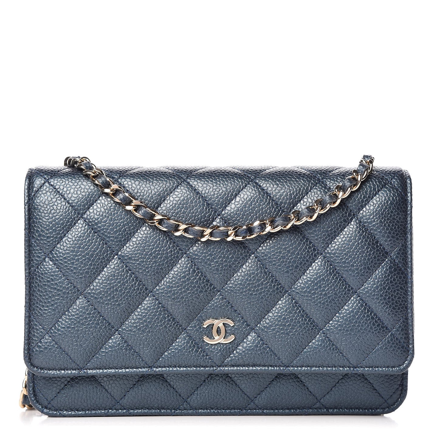 Iridescent Caviar Quilted Wallet On Chain WOC Dark Blue