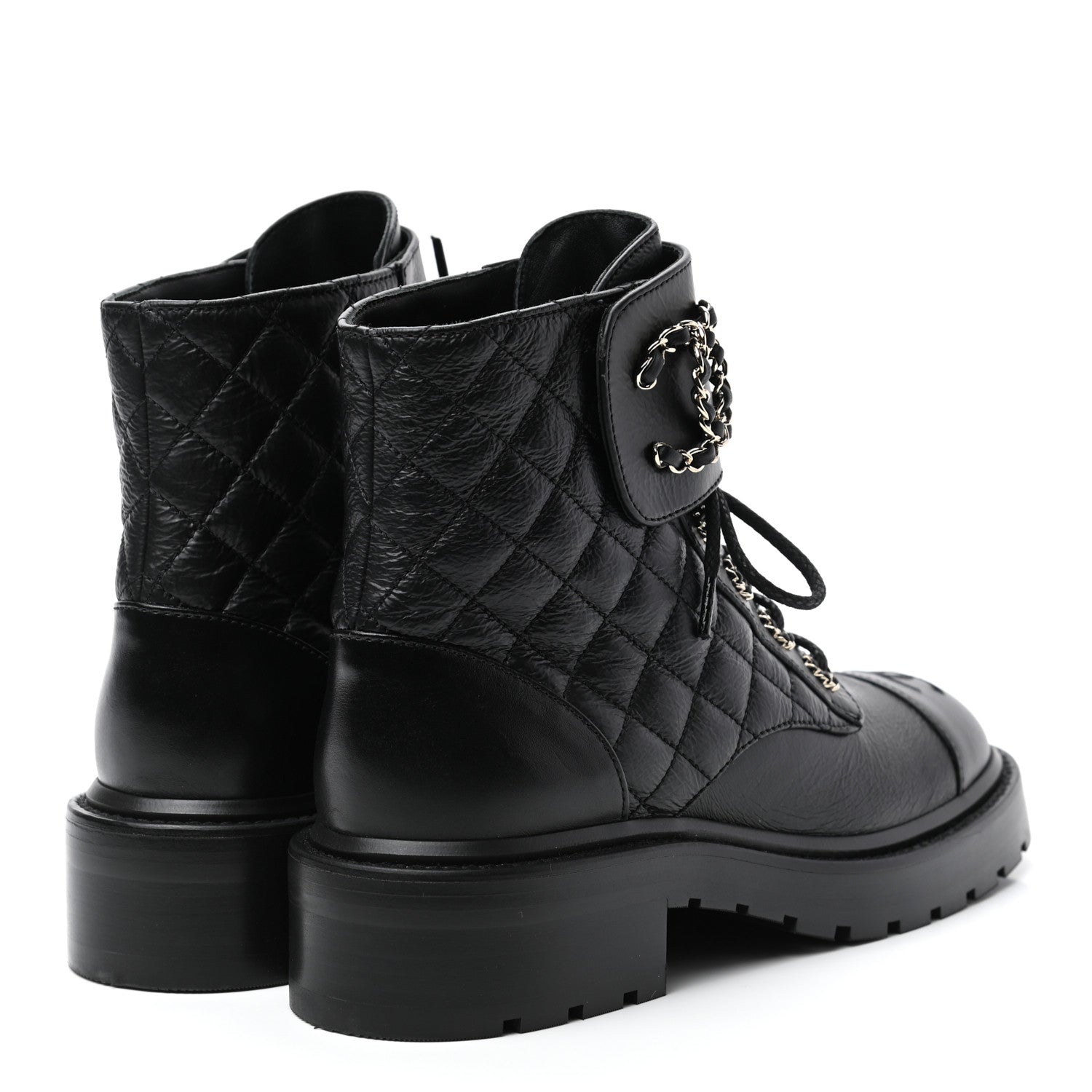 Chanel Shiny Goatskin Calfskin Quilted Lace Up Combat Boots 37 Black 4 of 9