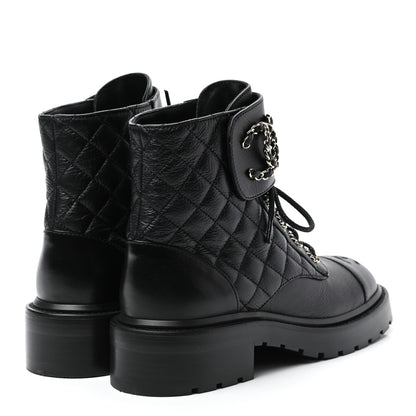 Chanel Shiny Goatskin Calfskin Quilted Lace Up Combat Boots 37 Black 4 of 9