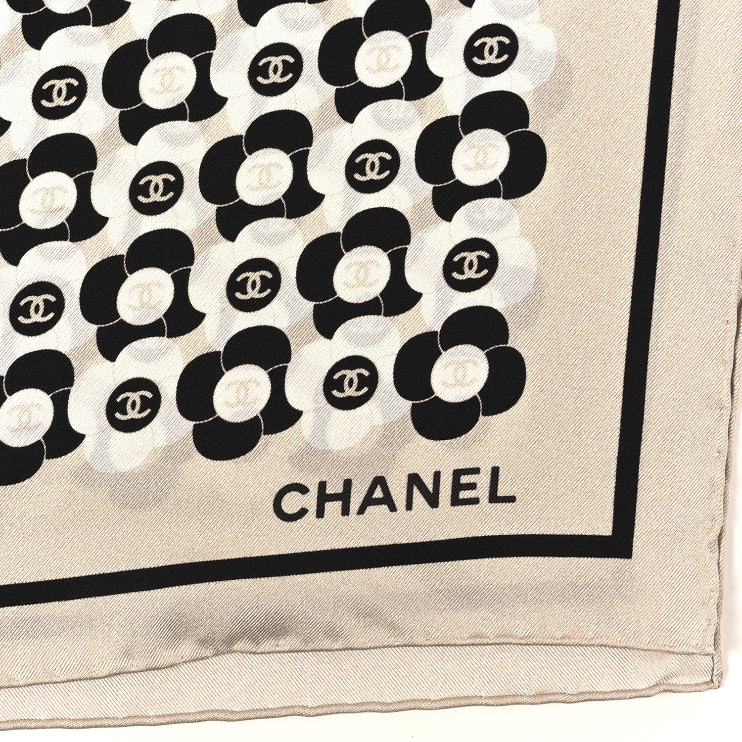 Chanel Silk Camellia CC Square Scarf Ivory Black 1791538