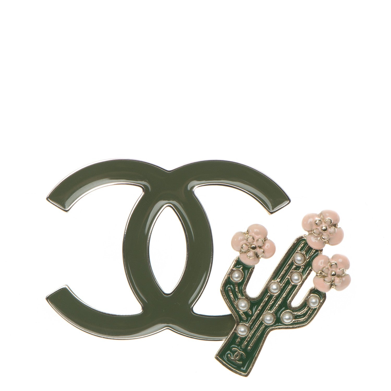 Chanel Enamel Cactus CC Brooch Green Gold 1 of 5