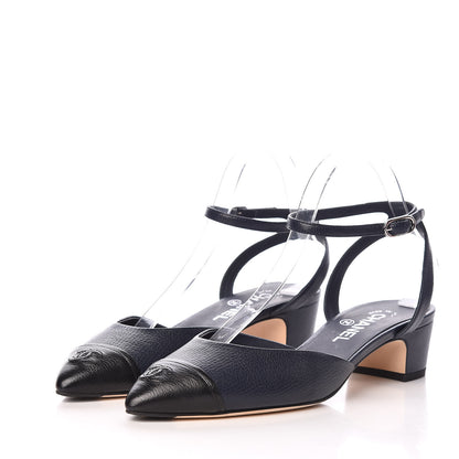 Chanel Goatskin Cap Toe CC Slingback Pumps 40 Navy Black 3 of 9