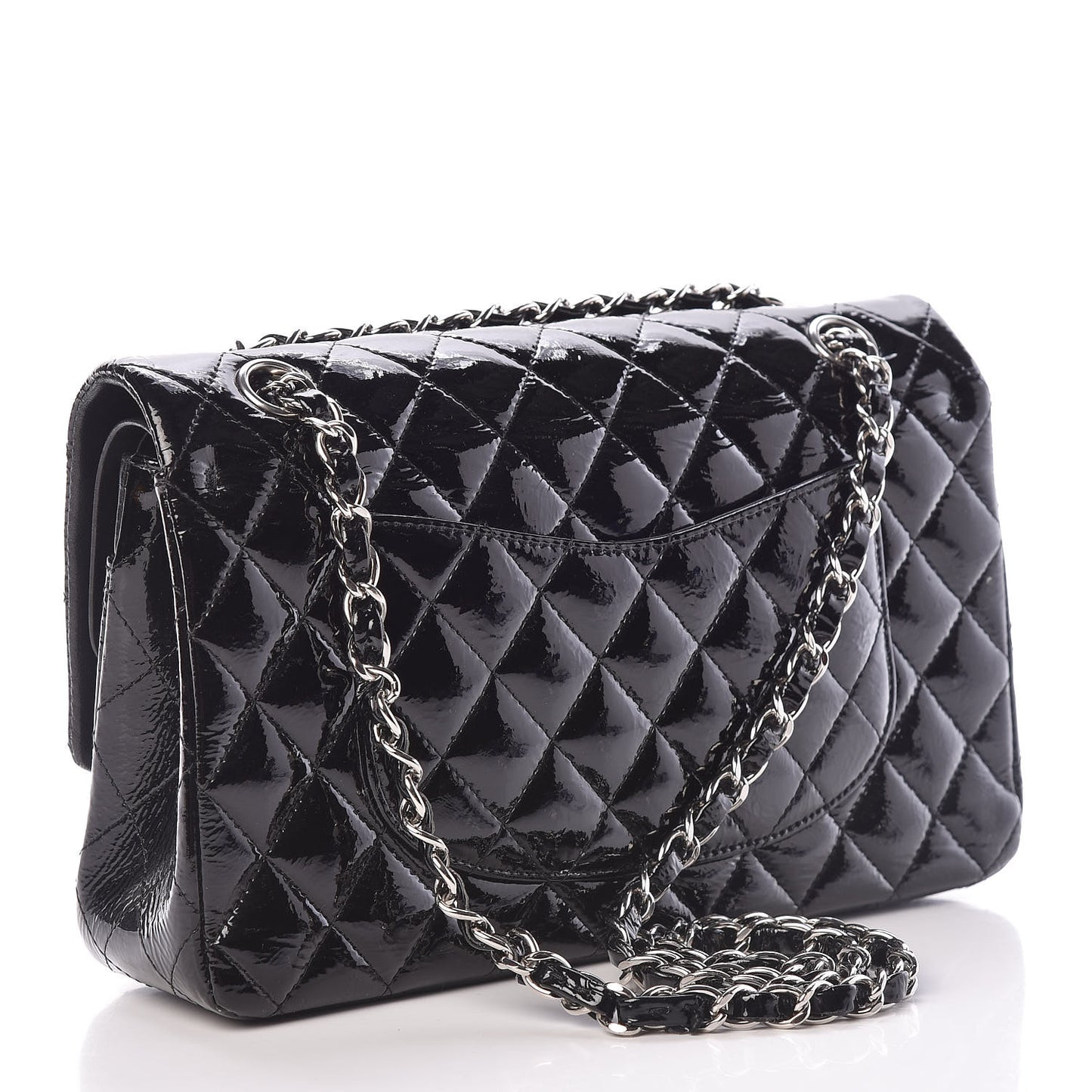 Distressed Patent Quilted Medium Double Flap Black
