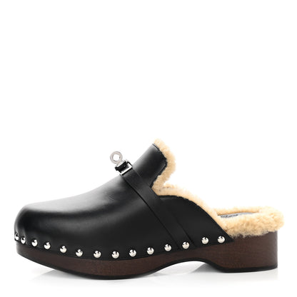 Hermes Calfskin Woolskin Carlotta Mules 36 Black 1 of 9