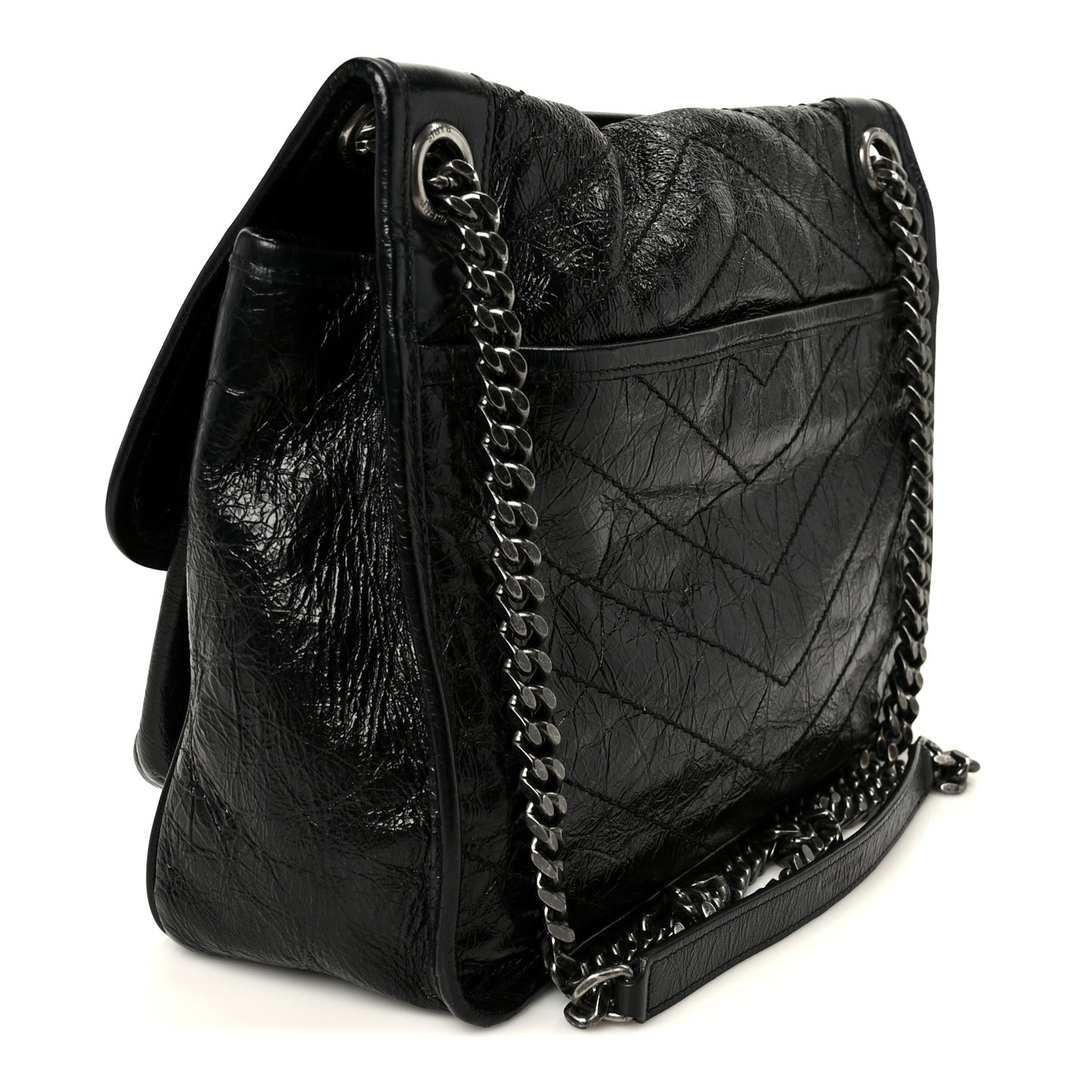 Crinkled Calfskin Matelasse Monogram Medium Niki Chain Satchel Black