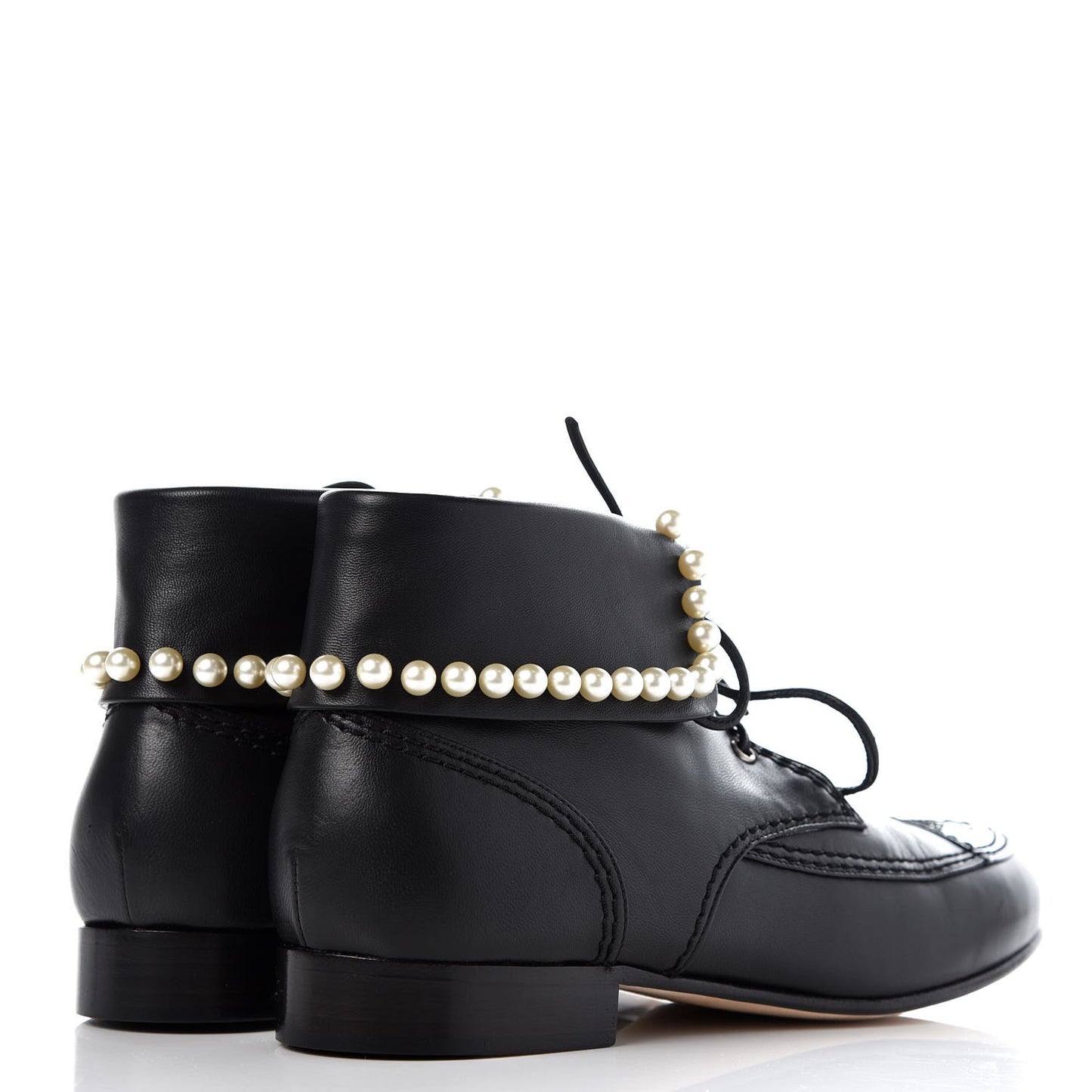 Lambskin Patent Calfskin Pearl Lace Up Boots 38 Black