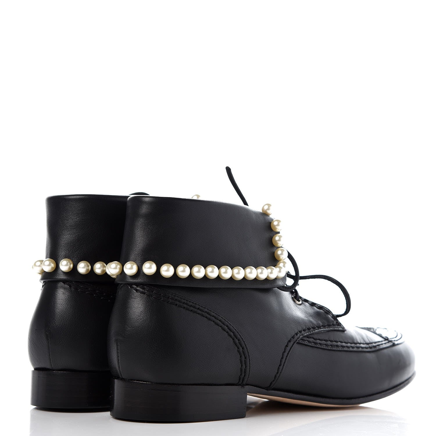 Chanel Lambskin Patent Calfskin Pearl Lace Up Boots 38 Black 4 of 9
