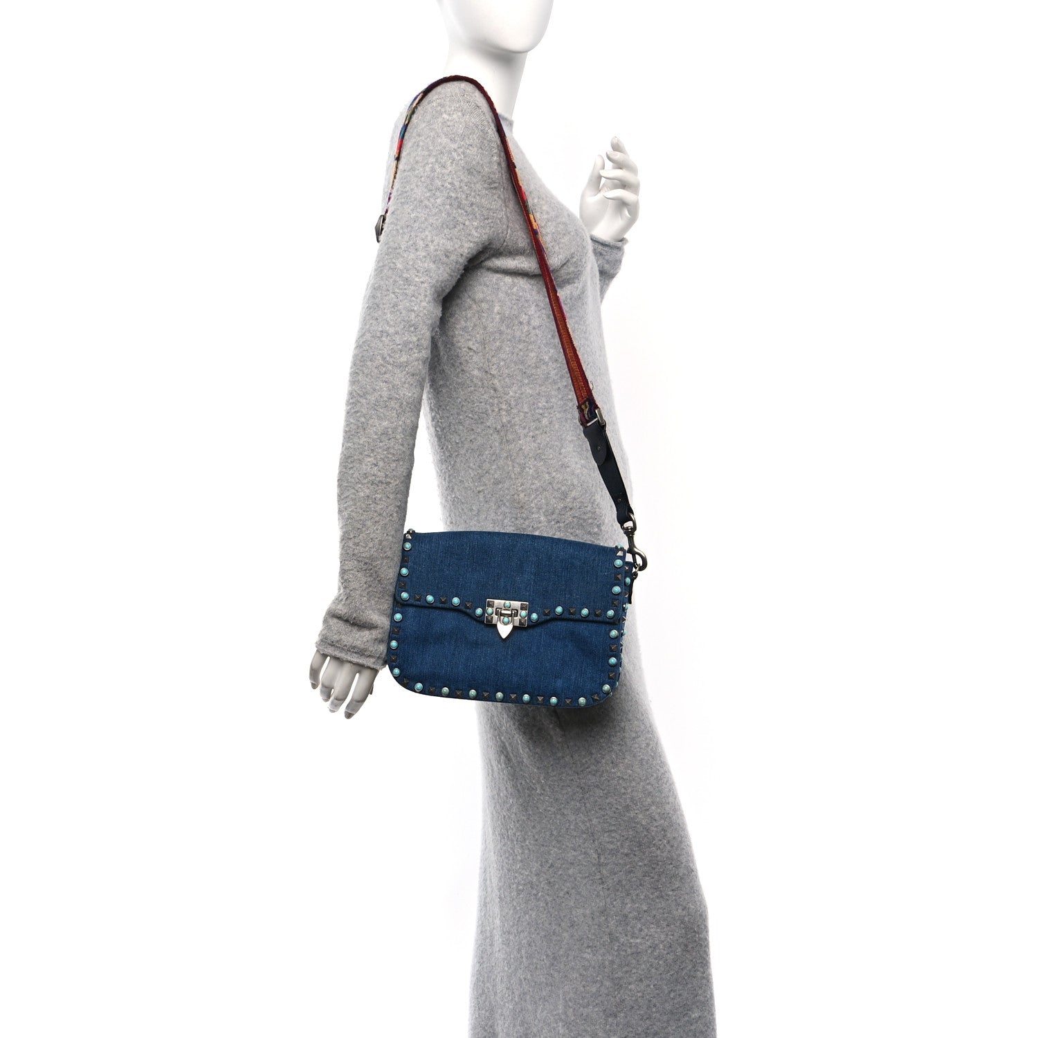 Valentino Garavani Denim Medium Guitar Strap Rockstud Rolling Flap Saddle Bag 2 of 11