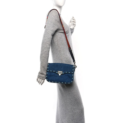 Valentino Garavani Denim Medium Guitar Strap Rockstud Rolling Flap Saddle Bag 2 of 11