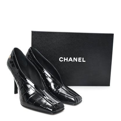 Chanel Crocodile Embossed Patent Calfskin Pumps 38 Black 10 of 10