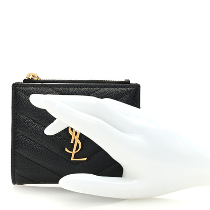 Saint Laurent Grain De Poudre Matelasse Chevron Monogram Zipped Card Case Black 2 of 6