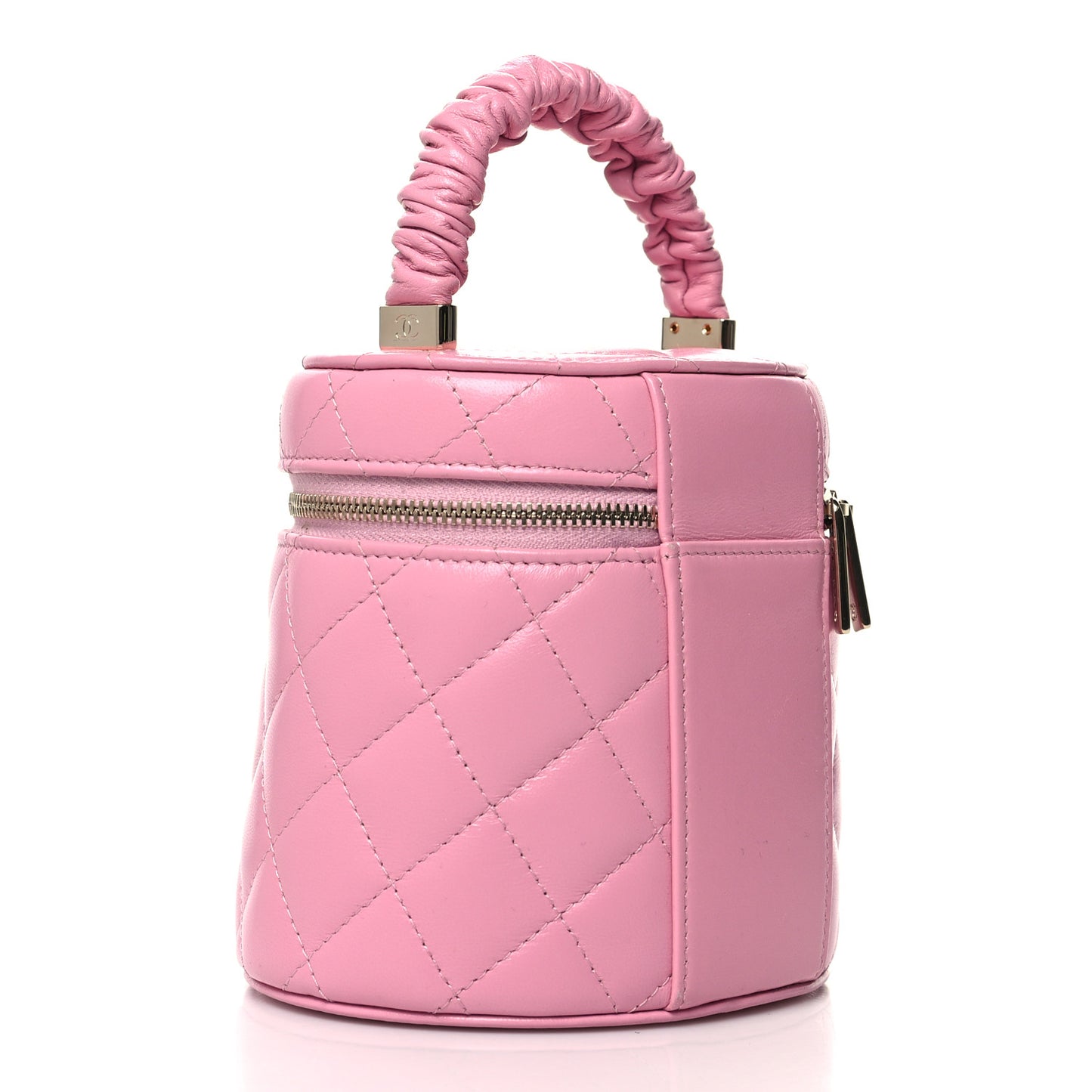 Lambskin Quilted Ruched Handle Vanity Case Pink