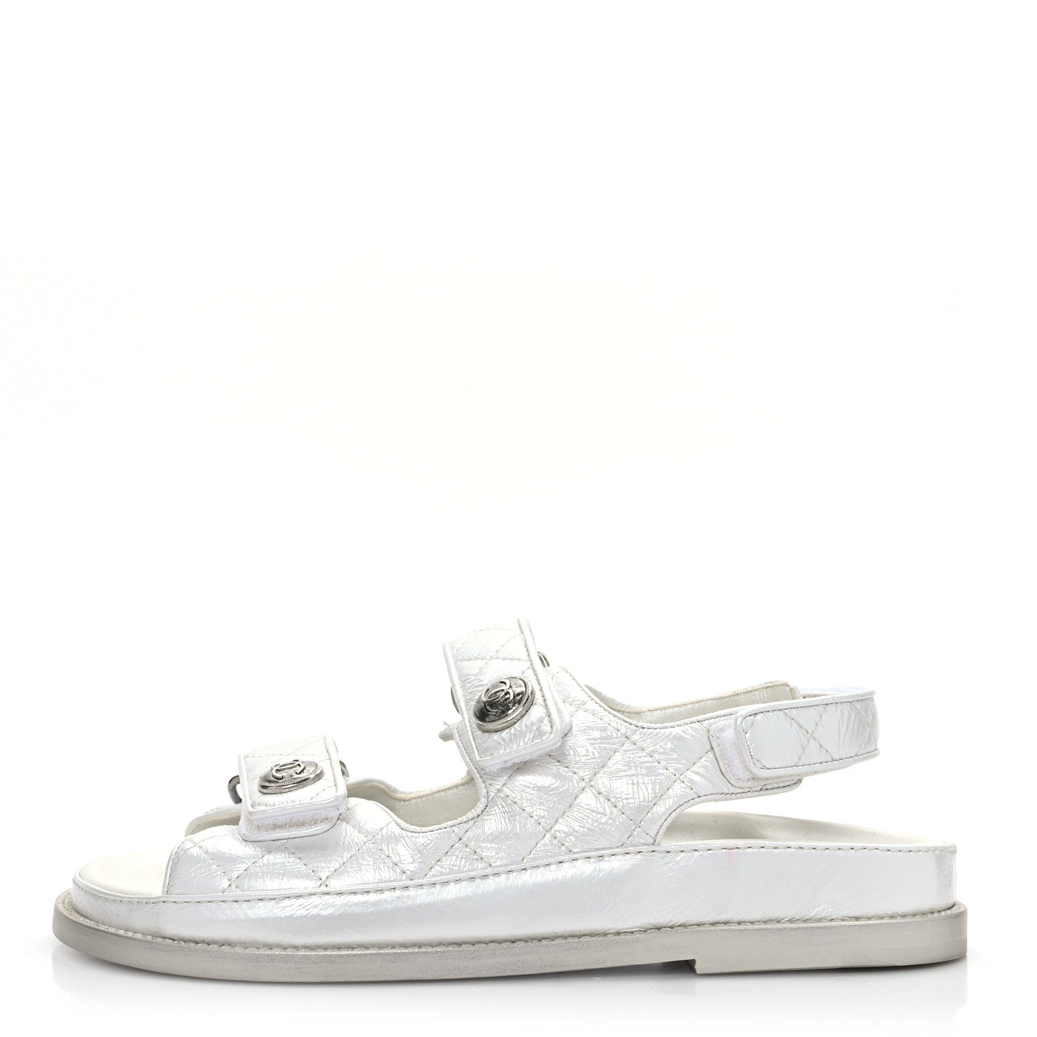 Chanel Laminated Lambskin Quilted Velcro Dad Sandals 37 Silver 1 of 8