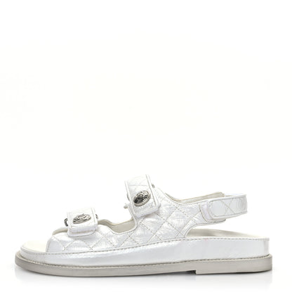 Chanel Laminated Lambskin Quilted Velcro Dad Sandals 37 Silver 1 of 8