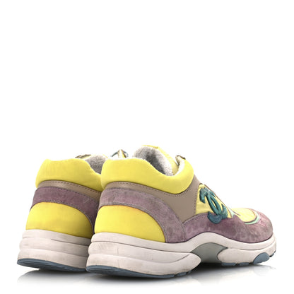 Chanel Nylon Lambskin Calfskin Suede CC Womens Sneakers 38.5 Pink Yellow Purple 5 of 15