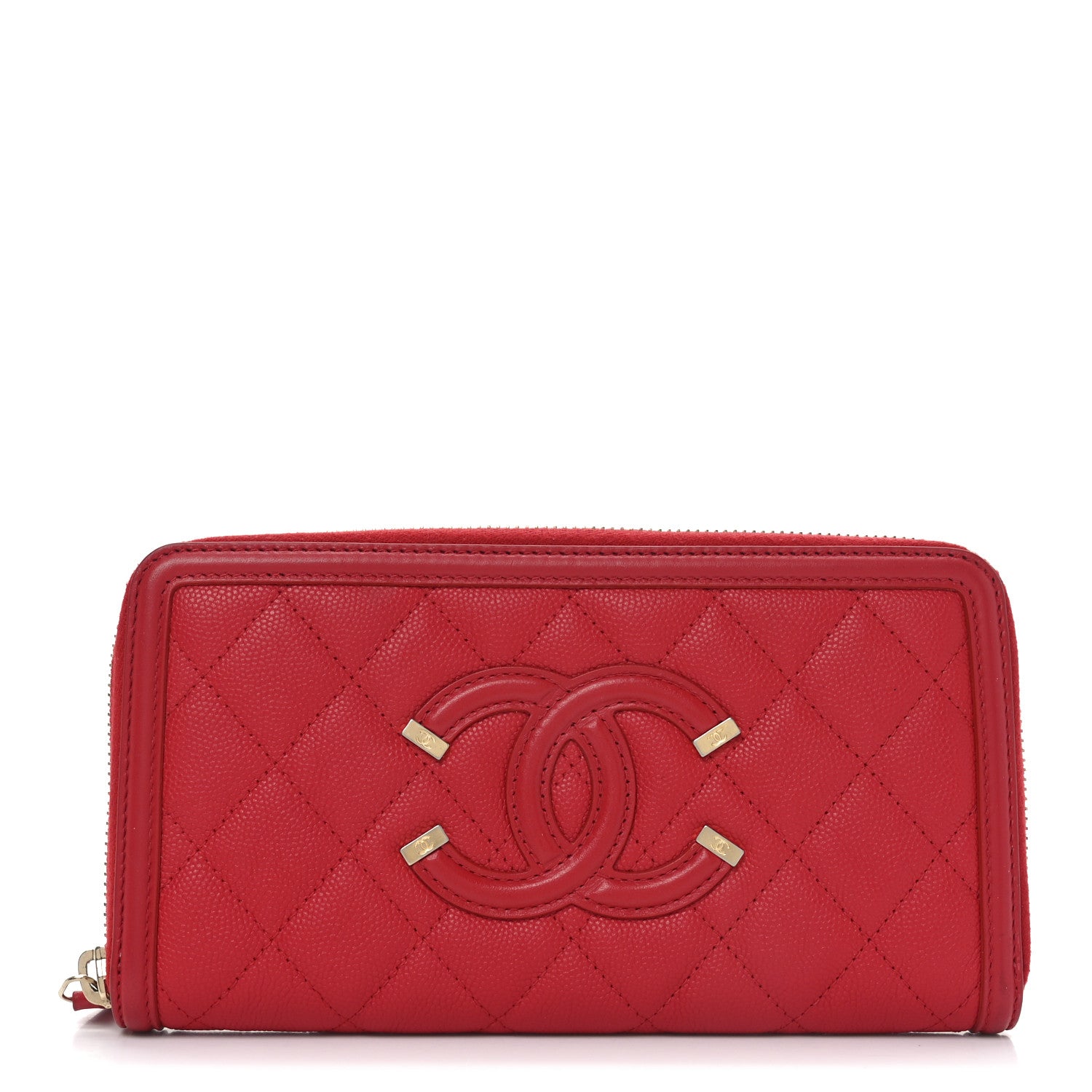 Chanel Caviar Quilted Filigree Zip Around Wallet Red 1 of 7