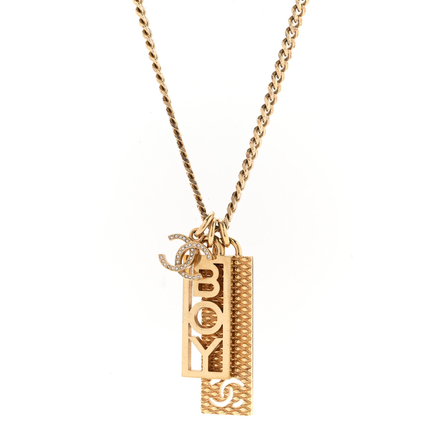 Chanel Metal Crystal CC Boy Pendant Long Necklace Gold 4 of 7