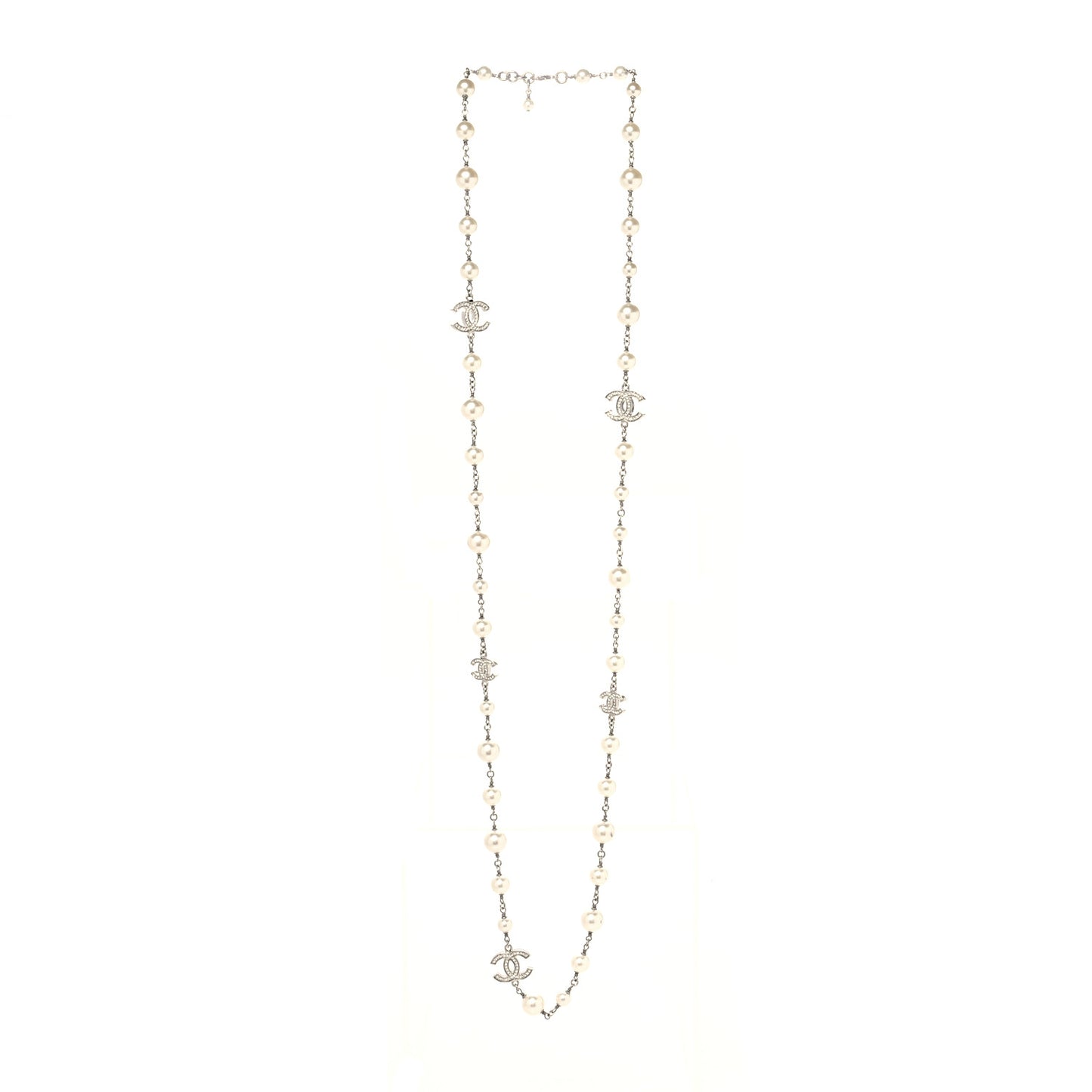 Graduated Pearl Crystal CC Long Necklace Silver