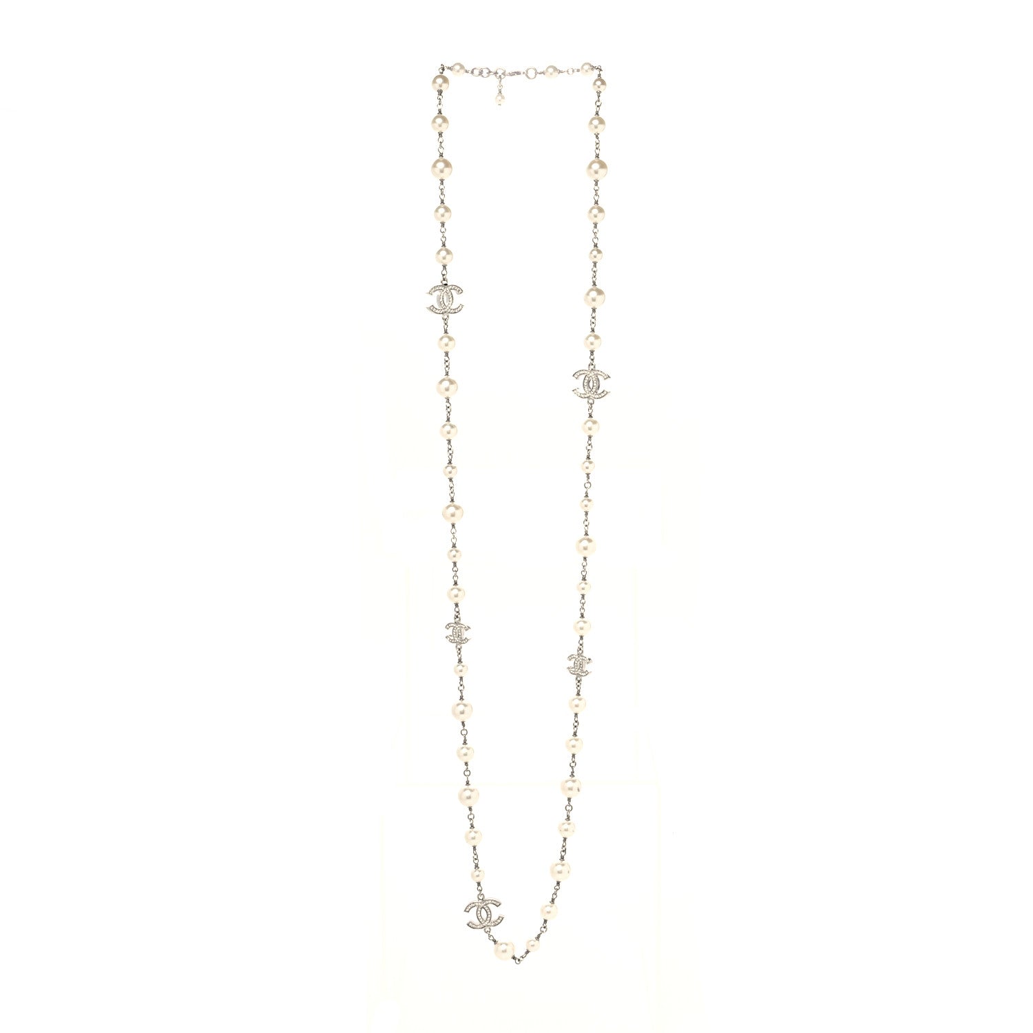 Chanel Graduated Pearl Crystal CC Long Necklace Silver 3 of 5