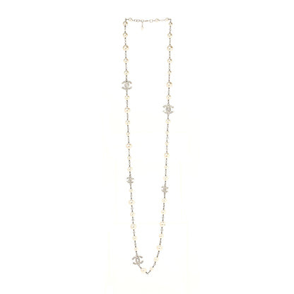 Chanel Graduated Pearl Crystal CC Long Necklace Silver 3 of 5