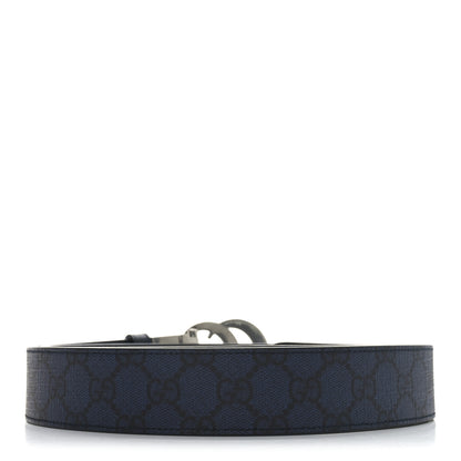Gucci GG Supreme Monogram Plutone Calfskin Palladium Double G Reversible 37mm Belt 110 44 Black Blue 2 of 6