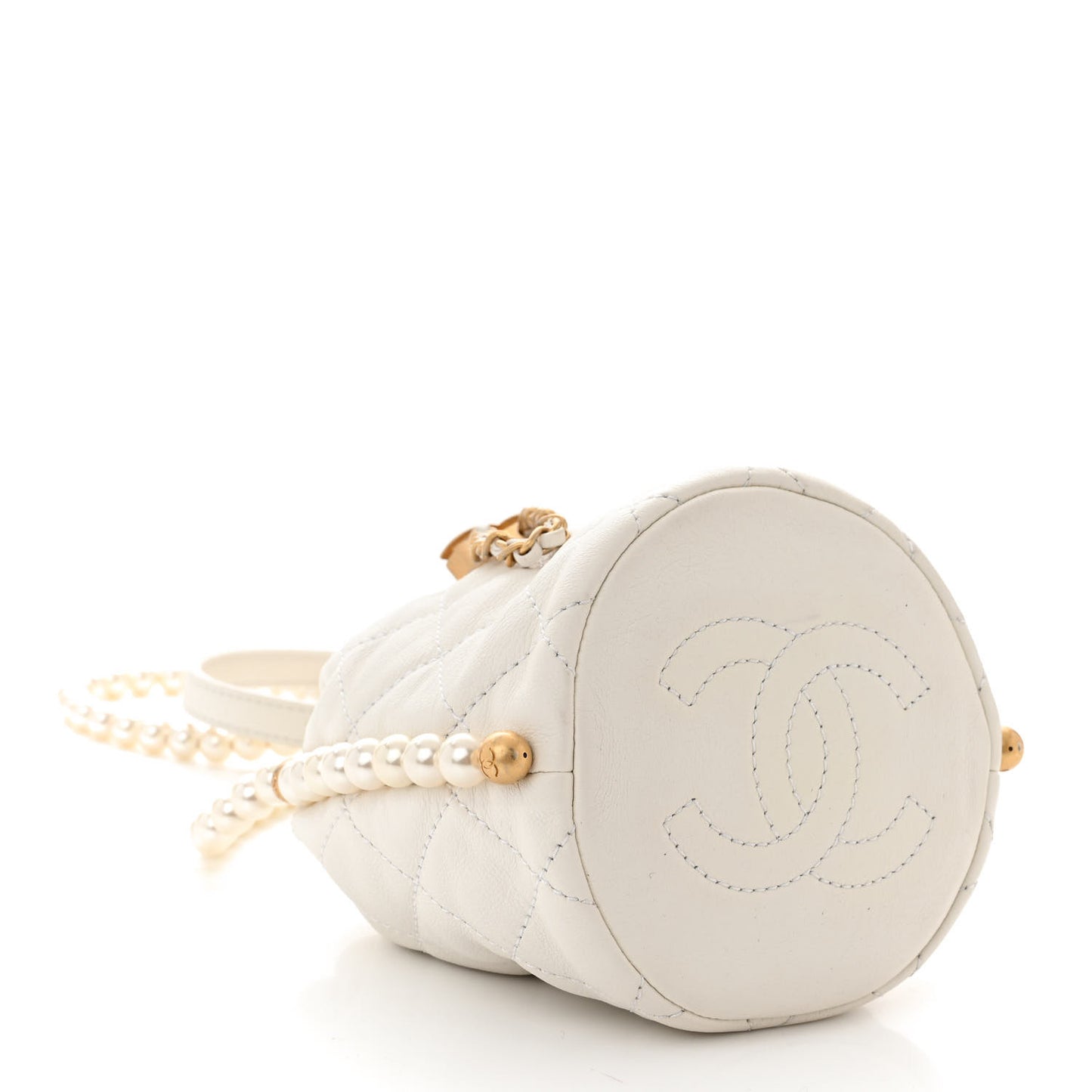 Calfskin Quilted Pearl Mini About Pearls Drawstring Bucket Bag White