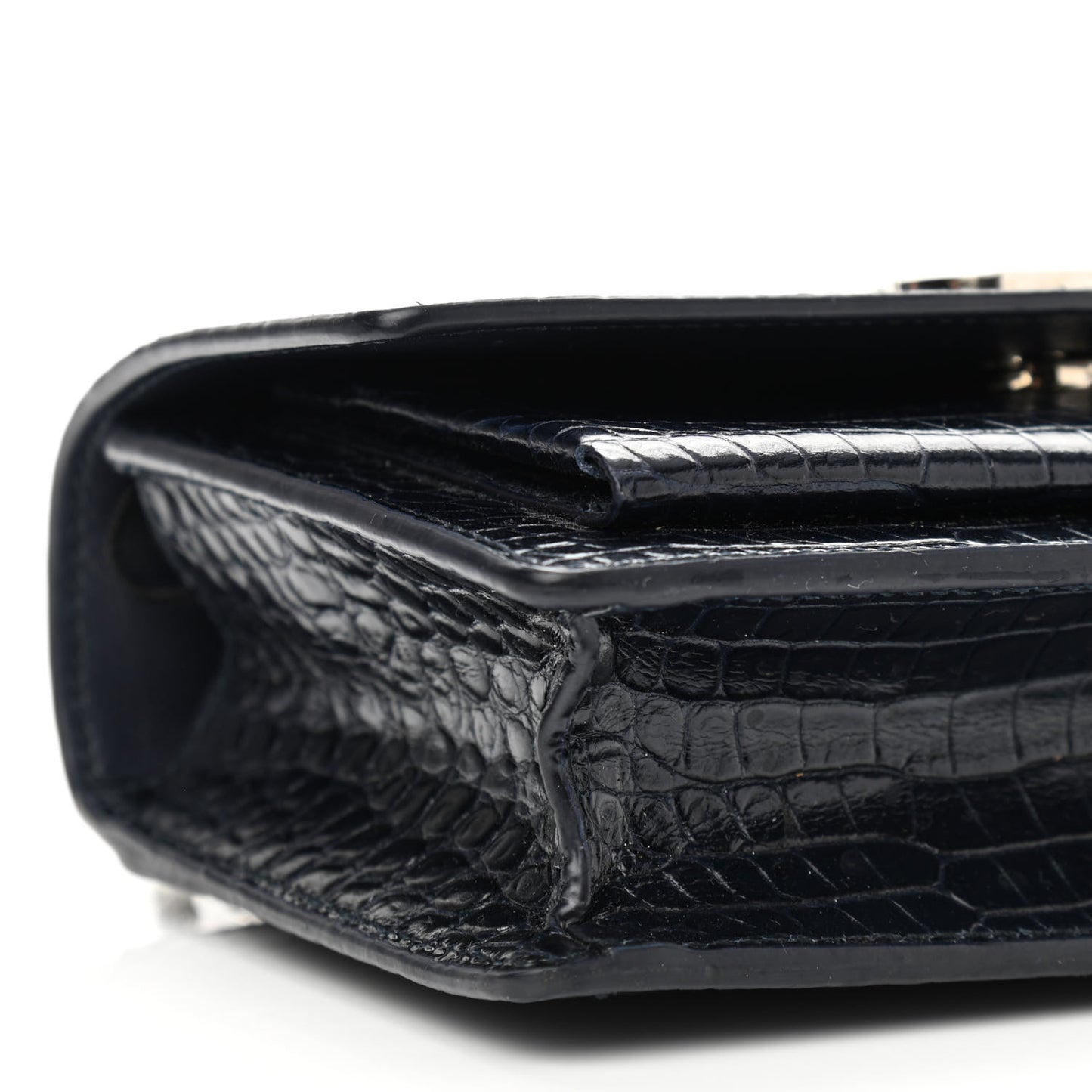 Calfskin Crocodile Embossed Monogram Sunset Chain Wallet Navy