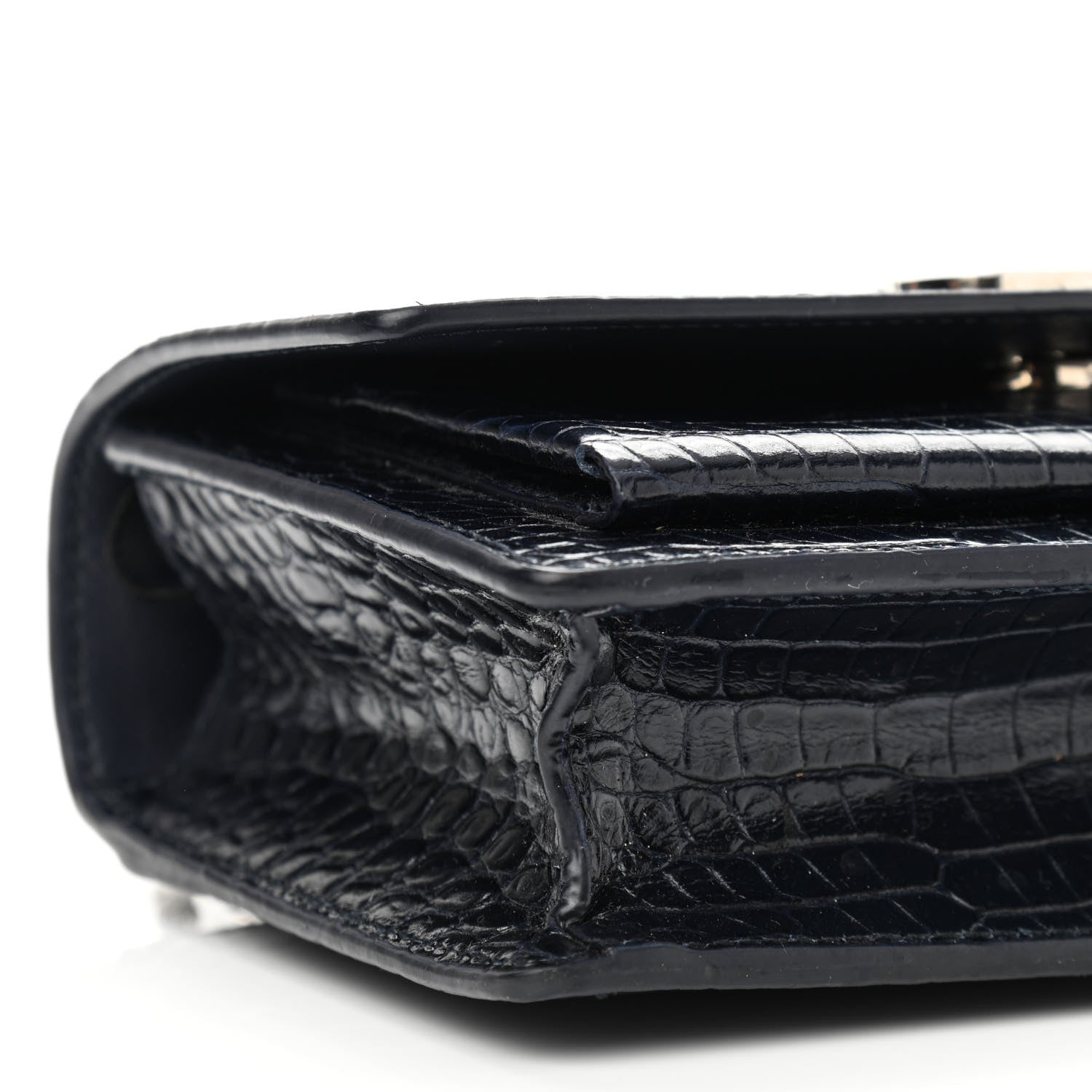 Saint Laurent Calfskin Crocodile Embossed Monogram Sunset Chain Wallet Navy 9 of 10