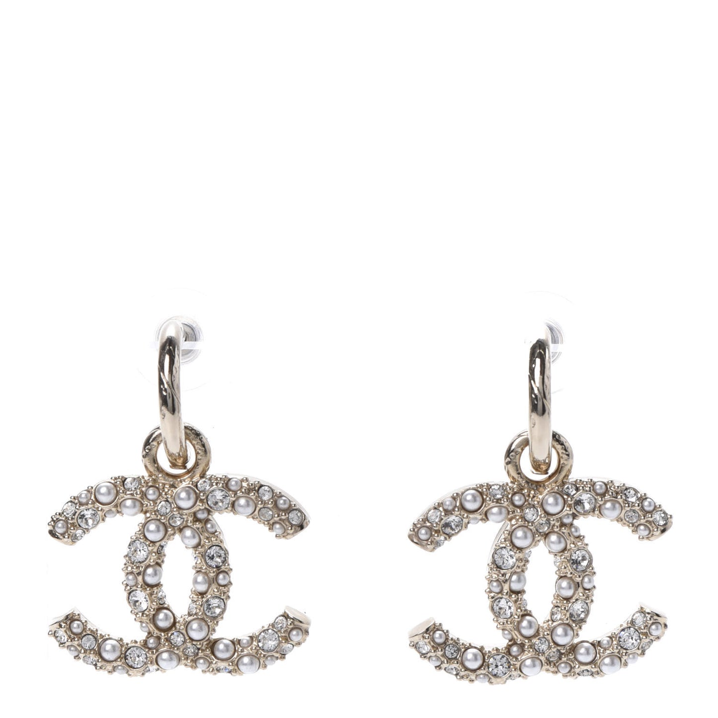 Crystal Pearl Caviar CC Drop Earrings Gold