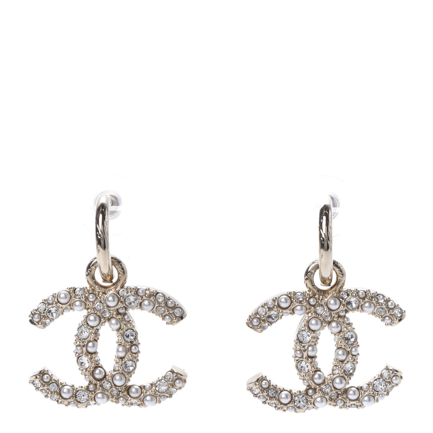 Chanel Crystal Pearl Caviar CC Drop Earrings Gold 1 of 4