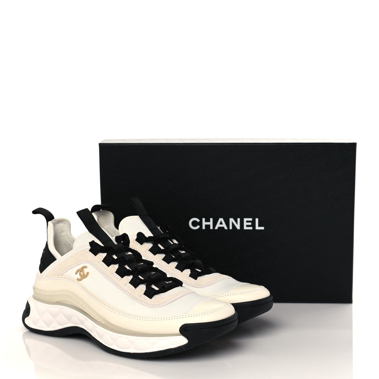 Chanel Velvet Calfskin Mixed Fibers CC Sneakers 38.5 Ivory Black 10 of 10