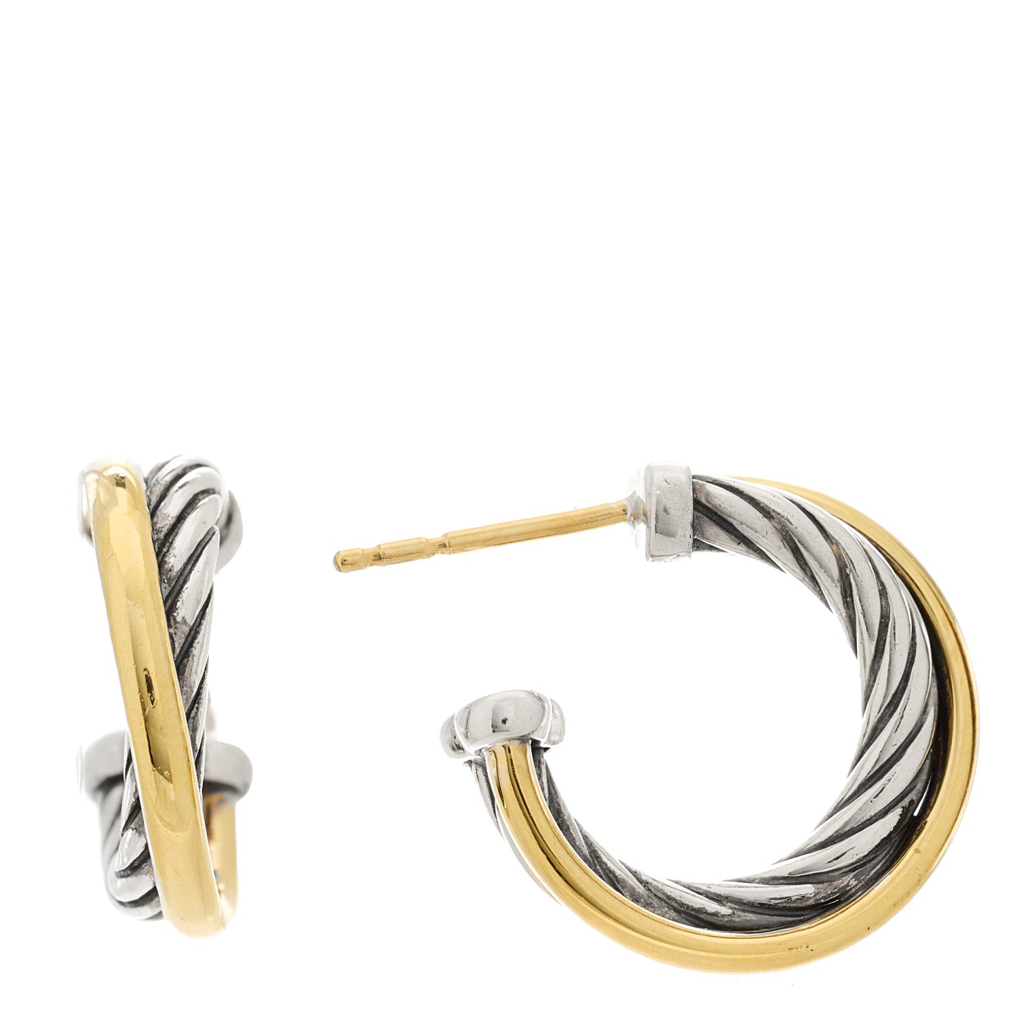 David Yurman Sterling Silver 18K Yellow Gold 17mm Crossover Cable Hoop Earrings 1 of 5
