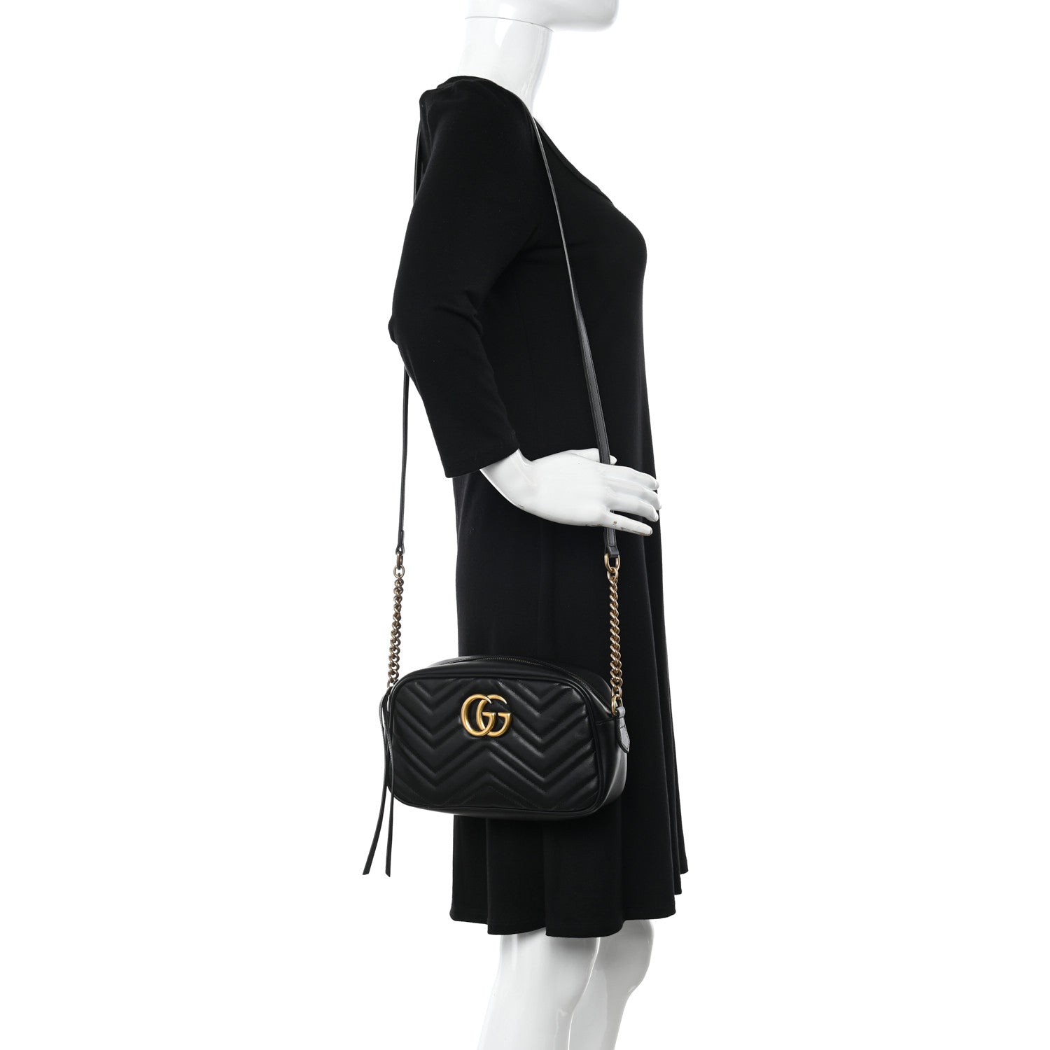 Gucci Calfskin Matelasse Small GG Marmont Chain Shoulder Bag Black 2 of 12