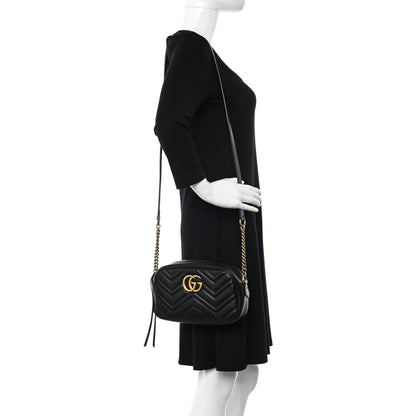 Gucci Calfskin Matelasse Small GG Marmont Chain Shoulder Bag Black 2 of 12