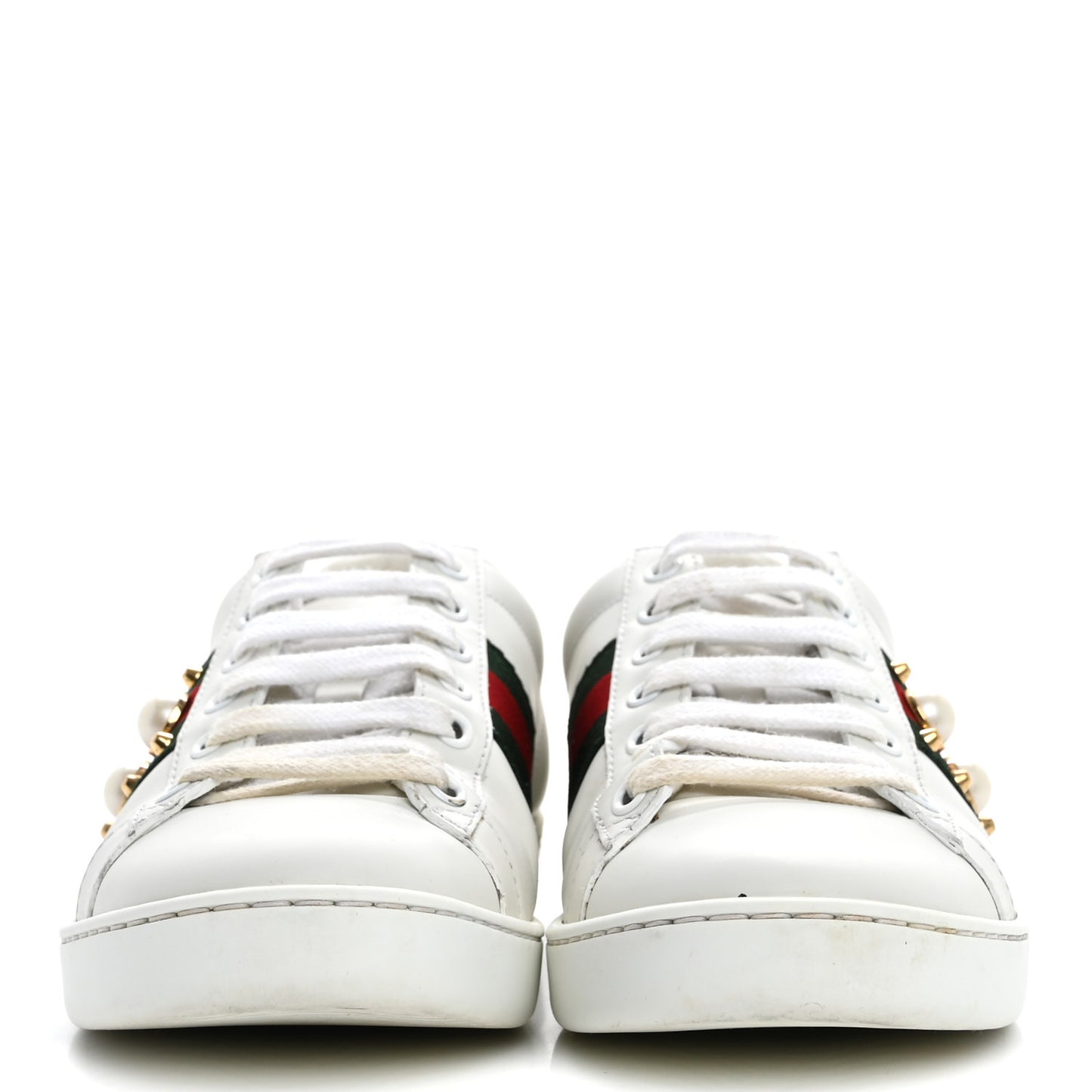 Calfskin Web Pearl Studded Womens Ace Sneakers 37 White