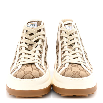 Gucci New Canvas GG Monogram Womens Tennis 1977 High Top 55mm Platform Sneakers 37.5 Beige Ebony Mystic White 3 of 9