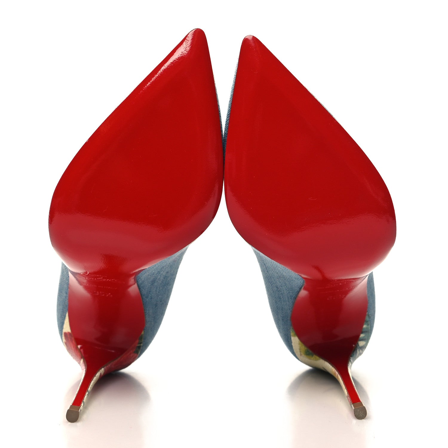 Christian Louboutin Denim Crackled Calfskin Hawaiian Print Pigalle Follies 100 Pumps 35.5 Blue White 5 of 8