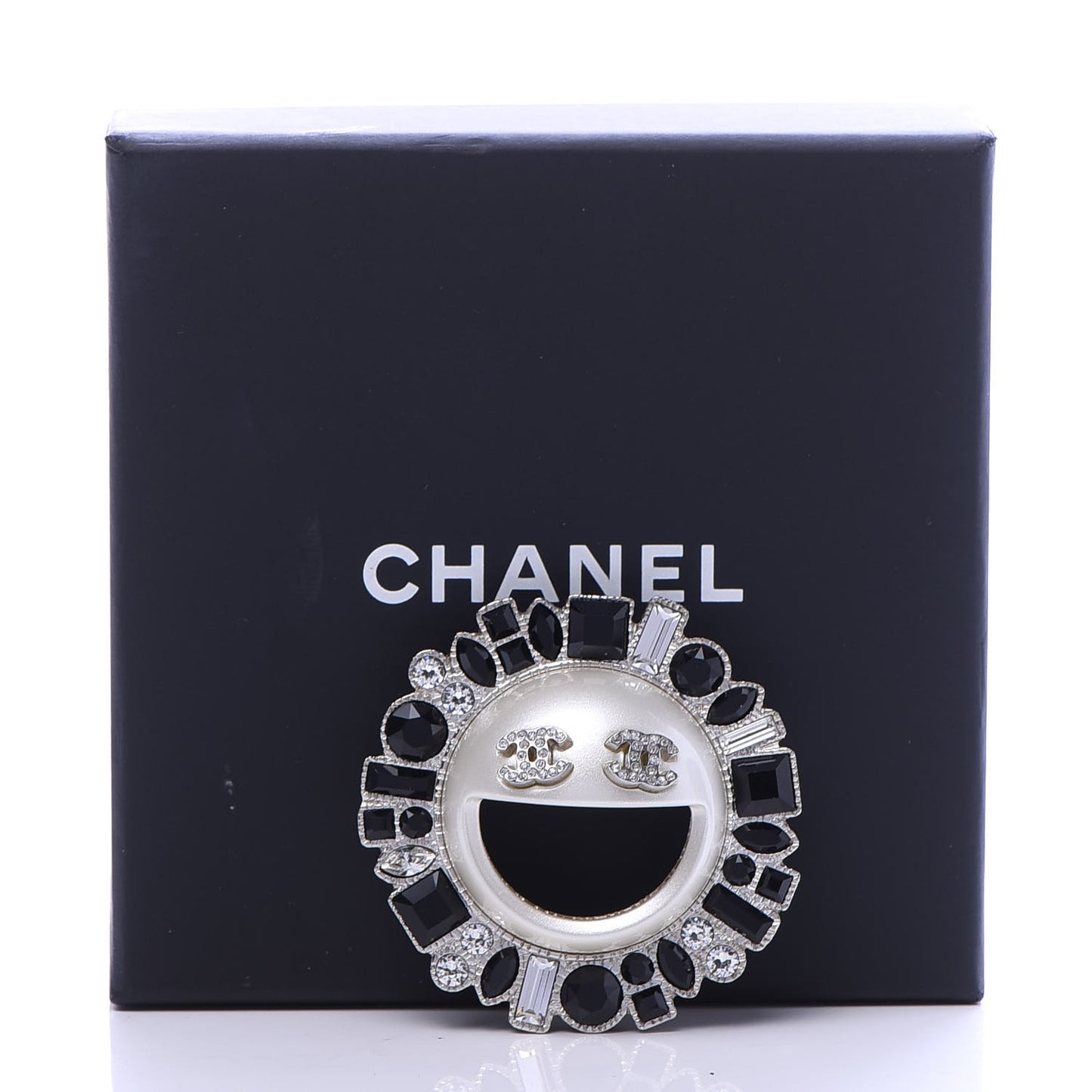 Crystal CC Smiley Emoji Brooch Silver