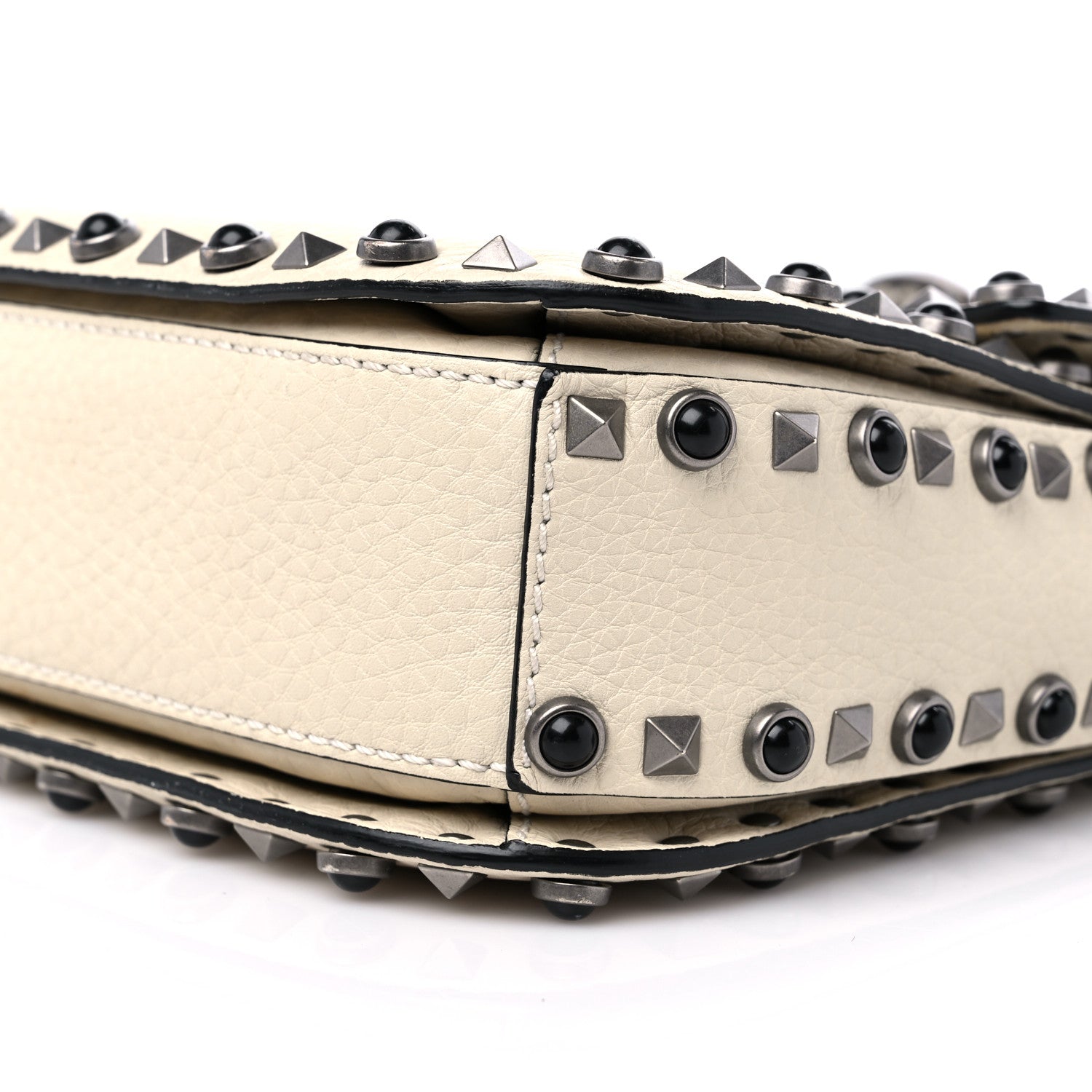 Valentino Garavani Pebbled Calfskin Onyx Medium Guitar Strap Rockstud Rolling Flap Saddle Bag Ivory 9 of 13