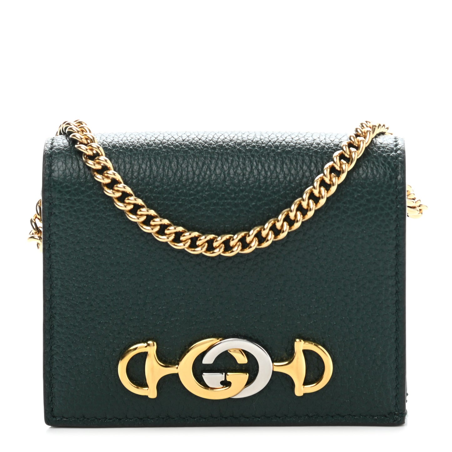 Grainy Calfskin Zumi Chain Card Case Wallet Vintage Green