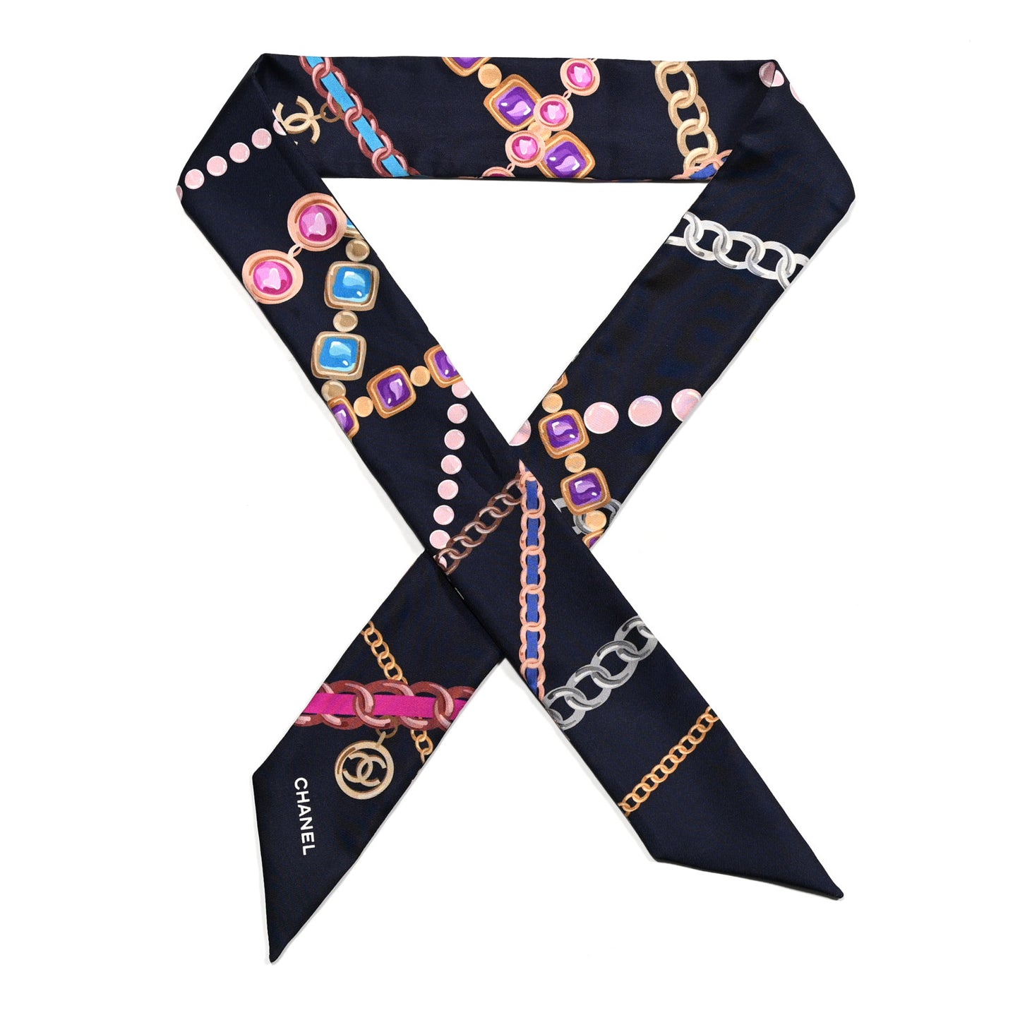 Silk Pearl CC Chain Slim Bandeau Scarf Navy Blue