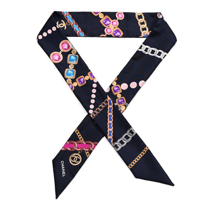 Chanel Silk Pearl CC Chain Slim Bandeau Scarf Navy Blue 1 of 3