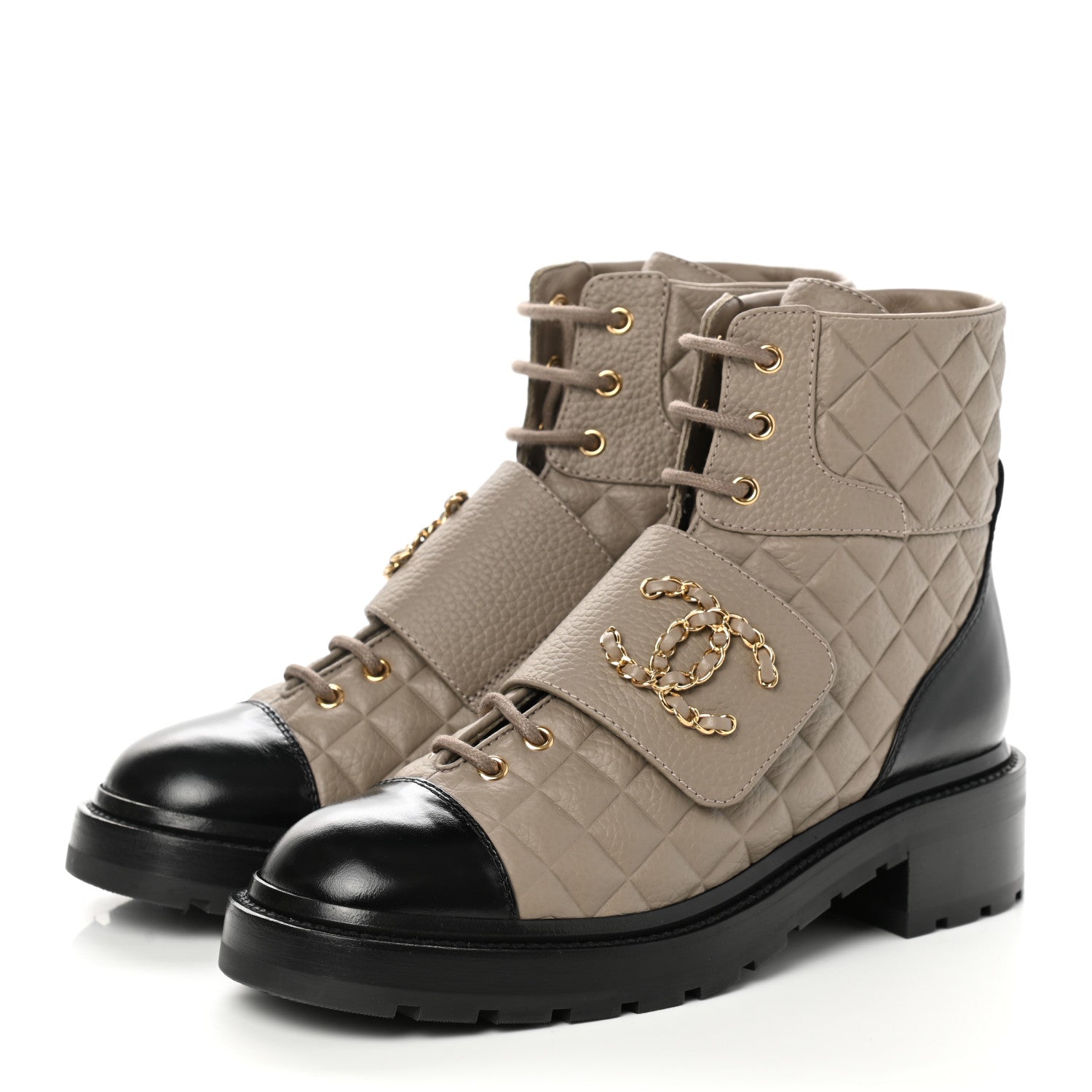 Chanel Calfskin Shiny Calfskin Quilted Lace Up Combat Boots 40.5 Dark Beige Black 3 of 9