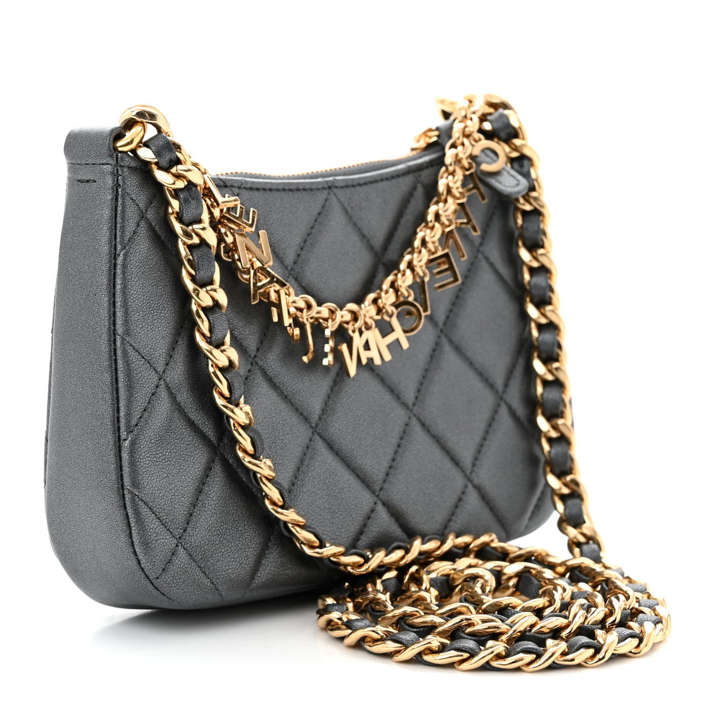 Metallic Lambskin Quilted Charms Hobo Bag Dark Grey
