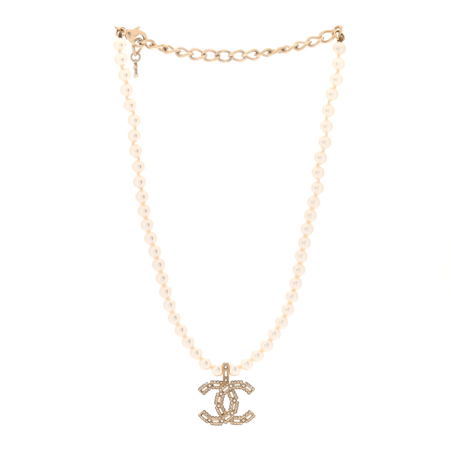 Chanel Pearl Crystal Baguette CC Short Necklace Gold 3 of 5
