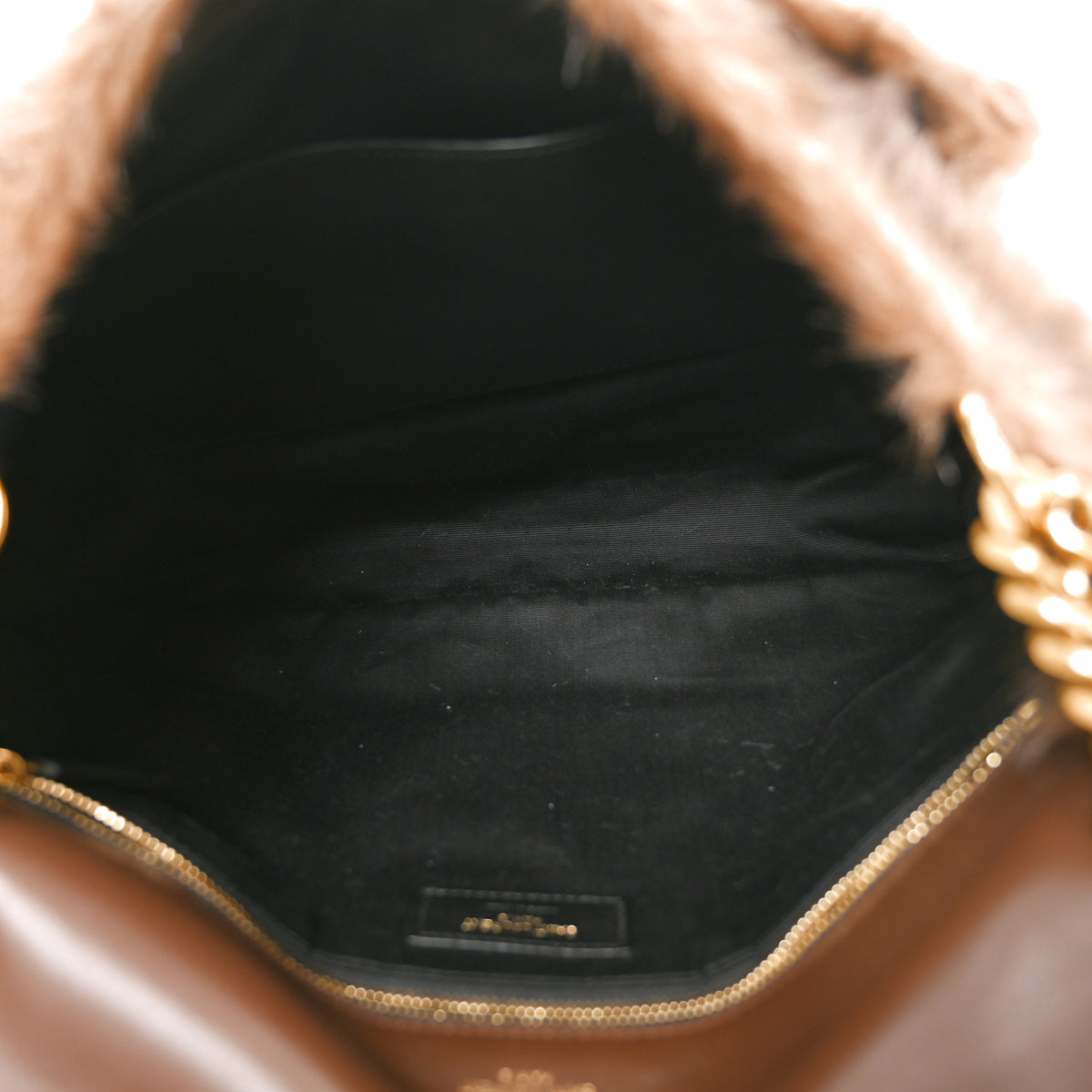 Faux Fur Monogram Large Niki Chain Satchel Deep Walnut Bark
